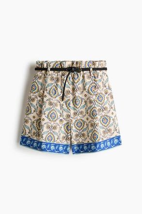 H&M Belted Linen-blend Shorts in Light Beige/patterned at Nordstrom, Size Xx-Large
