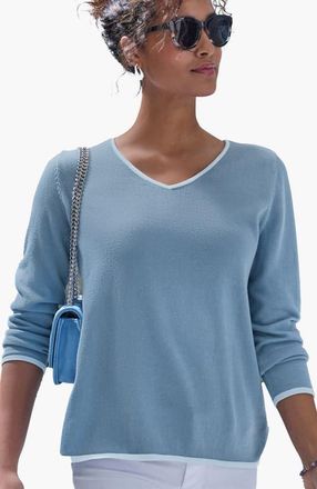 Lascana Contrast Trim Sweater in Blue And Light Blue at Nordstrom, Size 14