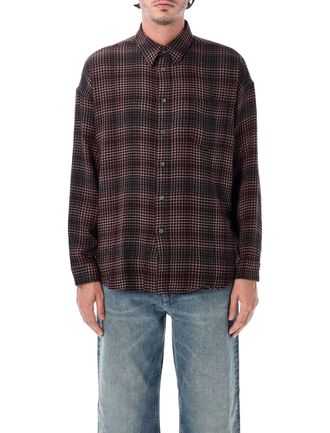 Sunflower Stable Pink Black Check Slub Wool-Blend Curved Hem Shirt