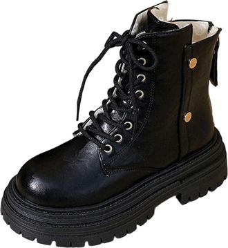 Generic Black Ladies Winter Casual Ankle Boots with Round Toe Design Front Lace-Up Closure and Side Zipper for Easy Wear Chunky Heel for Stability Mid-Heel He