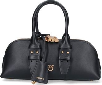 Pinko Smooth Black Leather Tote with Gold Hardware Accents