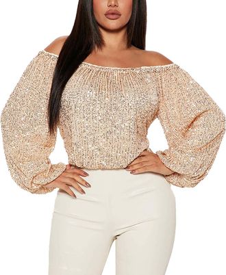 Generic Sequin Tops for Women Off Shoulder Ladies Sparkly Tops Long Sleeve Glitter Party T Shirt Shimmer Tunics Plus Size Carnival Festive Outfits Clubbing Ev