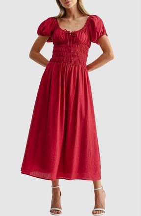 All in Favor Puff Sleeve Shirred Midi Dress in Cherry Red at Nordstrom, Size Xx-Small