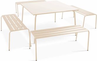 Oviala Mesa de jard&iacute;n cuadrada y 4 bancos de metal marfil