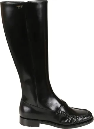 Prada Loaferlaarzen van geborsteld leer - Dames - Hoge Laarzen - Zwart - 36 EU - Leer - Schoenen