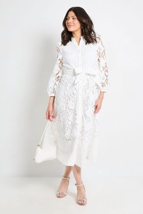 Wallis Womens Lace Insert Midi Shirt Dress - White - Size 12 UK