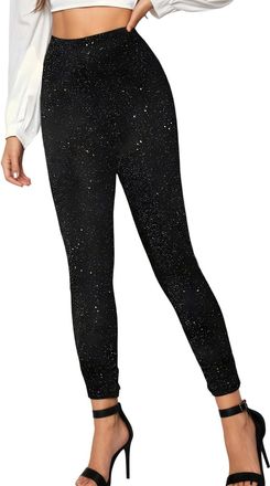 Generic Sparkly Jeans, Black Shiny Sequin Soft Elastic High Waisted Leggings for Women Fashion Lightweight Fit Full Length Pants Dance Clubwear Party Glitter 
