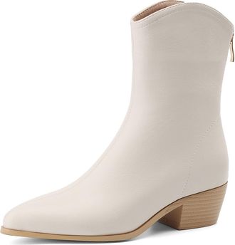 Generic Womens Western Ankle Boots Pointed Toe Faux Leather Chunky Heels Side Zipper Comfortable Non Slip Durable Shoes For Daily Casual Party Streetwear,Whit