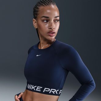 Nike Womens Nike Pro Dri-FIT Cropped Long-Sleeve Top in Blue | FV5484-410