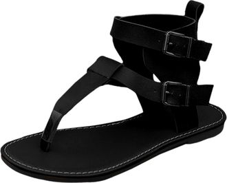 Generic 2026 Women Slippers Summer Low Heel Toes Womens Shoes Fashion Comfortable Belt Buckle Flat High Top Sandals (Black, 4.5)