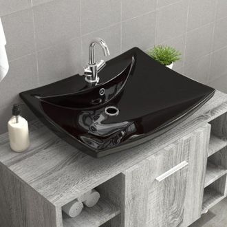 vidaXL Lavabo Rectangular Cer&aacute;mica Orificio De Grifo Y Desag&uuml;e Negro Vidaxl