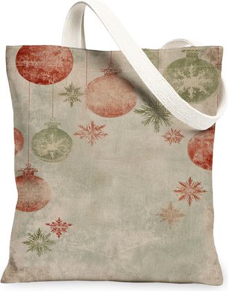 Generic Christmas Ornaments Canvas Tote Bags, Vintage Rustic Holiday Design Reusable Grocery Bags, Lightweight Washable Shoulder St, Green, 13x15 Inch
