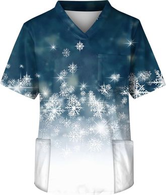 Generic Mens Scrubs Short Sleeve Tee Men Stretchy Christmas Novelty Plus Size Wor T Shirt Snowflake V Neck Soft Cotton with Pockets Shirt Men Sky Blue Scrubs 