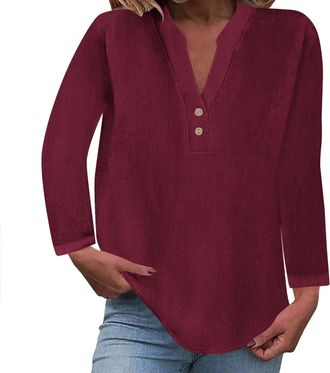 Generic Linen Blouse for Women UK 2024 Fall Long Sleeve Tshirt Fashion Button Down V Neck Blouse Tees Solid Cotton Linen Loose Fit Tops Vacation Lightweight C