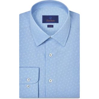 David Donahue Trim Fit Geometric Print Cotton Dobby Dress Shirt in Sky at Nordstrom, Size 14.5 - 32