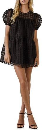 English Factory Gridded Puff Sleeve Dress in Black at Nordstrom Rack, Size X-Small