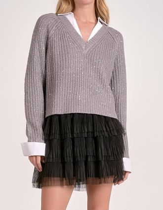 Elan Sparkly White Collar Sweater In Grey