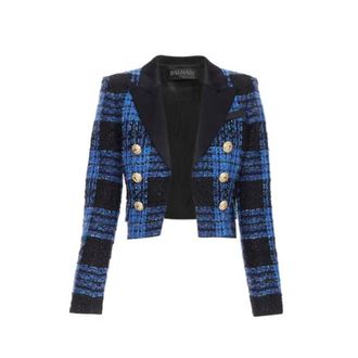 Balmain Blue & Black Check Crop Tailored Jacket Size S