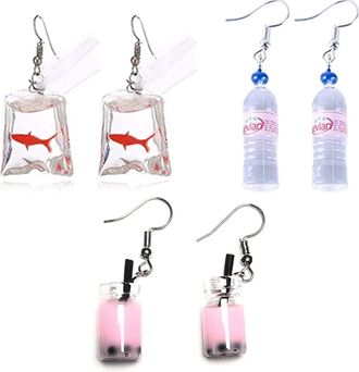 Generic 3 Pairs Funny Acrylic Water Bottle Pendant Earrings, Cute Pearl Milk Tea Dangle Earrings Colorful Glass Bottle Funny Earrings for Women Clever Fashion