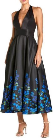 Mac Duggal Halter Neck Floral Printed Satin Midi Dress in Black Multi at Nordstrom, Size 14