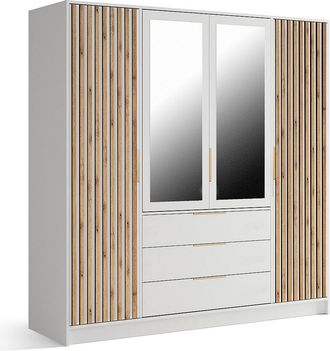 Vente-Unique Armario 4 puertas y 3 cajones - Con espejo - An196 cm - Color: Natural y Blanco - LIRMADA