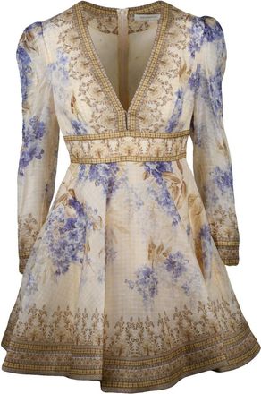 Zimmermann Floral-Inspired Mini Dress With Deep V-Neckline And Puffed Sleeves