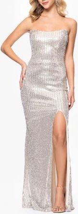 Betsy & Adam Beaded Sequin Strapless Gown in Champagne at Nordstrom Rack, Size 12