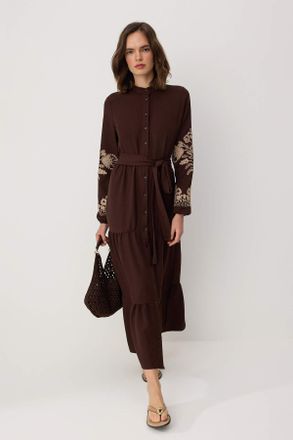 Trendyol Modest Dames Bruin Geborduurd Maxi Lang Casual Skater Modest Jurken