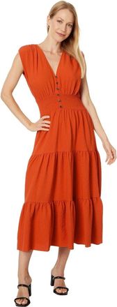 Calvin Klein Gauze Midi Dress Women Clay Stretch Tiered V-Neck A-Line FROG614