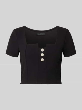Guess Cropped T-Shirt mit Ziersteinbesatz Modell Evelina in Black, Gr&ouml;&szlig;e XL