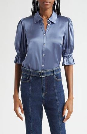 Cinq &agrave; Sept Fiona Ruffle Cuff Silk Button-Up Shirt in Iris Slate at Nordstrom Rack, Size Small