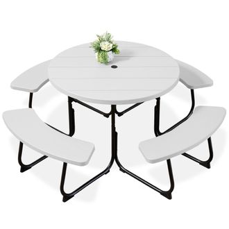 Best Choice Products 8-Person Circular Outdoor Picnic Table w/ 4 Benches, Umbrella Hole, 2000lb Capacity
