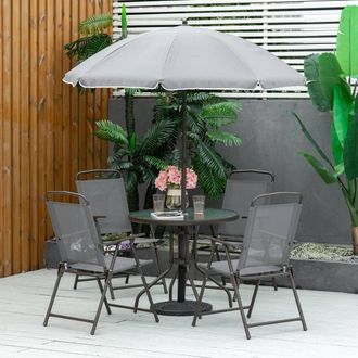 OUTSUNNY 6 Piece Patio Dining Set with Garden Umbrella 4 Folding Chairs in Grey