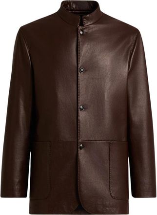 Kiton Lamsleren Mandarin Kraag Jas - Heren - Leren en Su&egrave;de Jassen - Bruin - 2XL - Leer - Jassen