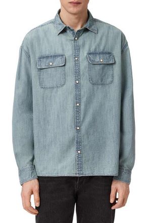 AllSaints Gribbs Cotton Denim Snap-Up Shirt in Faded Indigo at Nordstrom, Size Xx-Large