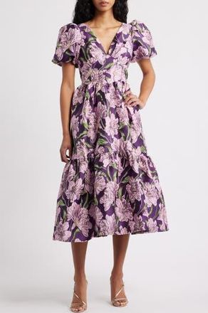 Sister Jane Floraison Floral Jacquard Puff Sleeve Dress in Purple at Nordstrom Rack, Size X-Small
