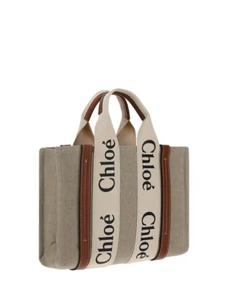 Chlo&eacute; Womens Woody Handbag White - Brown 1 Linen Handbags Hand Bags