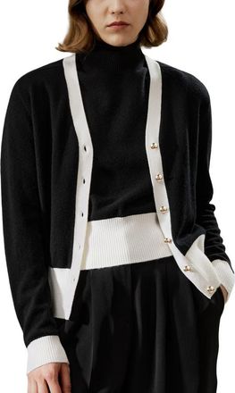 LilySilk Gemini Cashmere Cardigan with Contrasting Hem in Black at Nordstrom, Size Medium