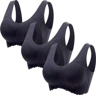 Generic 3 Pack Sports Bras for Women UK Wireless Padded Push Up Underwear Floral Lace Wide Straps Ladies Everyday Bra Comfortable and Soft Bralette Yoga Gym A