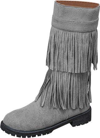 Generic Womens Fringe Mid-Calf Boots Side Zipper Flat Heel Comfortable Booties Suede Western Casual Winter Fashion Boots with Layered Tassels(Gray,7.5)