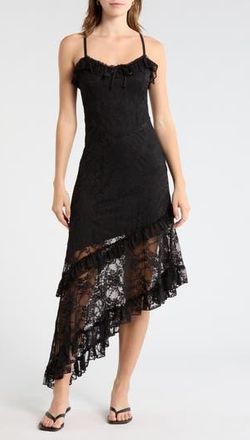 Madden Girl Ruffle Neck Asymmetrical Hem Maxi Dress in Black at Nordstrom Rack, Size Small