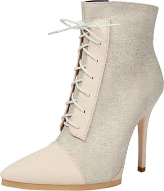 Generic Womens Party Ankle Boots Pointed Toe High Square Heel With Side Zipper And Front Lace Up Color Block Design
