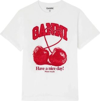 Ganni T-shirt basic in cotone con ciliegie - - Tops - Donna - Bianco - M