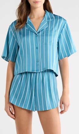 Open Edit Boxy Stretch Satin Short Pajamas in Teal- Blue Alto Stripe at Nordstrom, Size X-Large