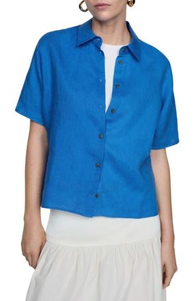 Mango Short Sleeve Linen Button-Up Shirt in Ink Blue at Nordstrom, Size 14