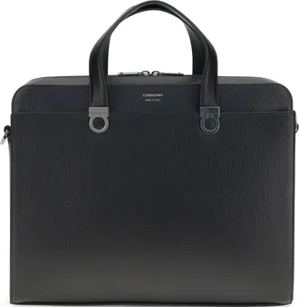 Ferragamo Mens Briefcase Gancini Black Calf Leather Laptop Bags & Briefcases