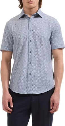 Bugatchi Miles OoohCotton Geometric Short Sleeve Shirt in Marine Blue at Nordstrom, Size Xxx-Large