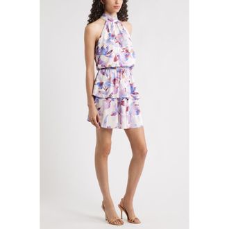 Chelsea28 Tiered Halter Minidress in Blue- Purple Floral at Nordstrom Rack, Size X-Large