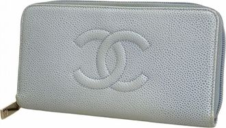 Chanel Light Blue Grained Calfskin Long Wallet (Bi-Fold) (Pre-Owned)