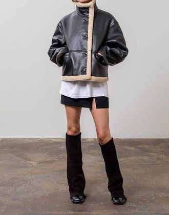 Moon River Womens Faux Leather Shearling Button Jacket In Black